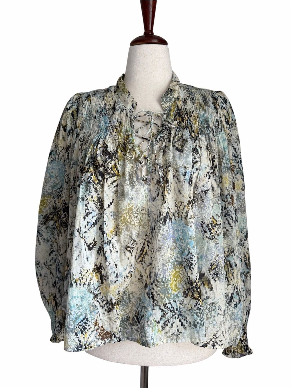 IRO Paris Calli Blouse Size 36/4US Multicolor Abstract Print Lace Up Smocked